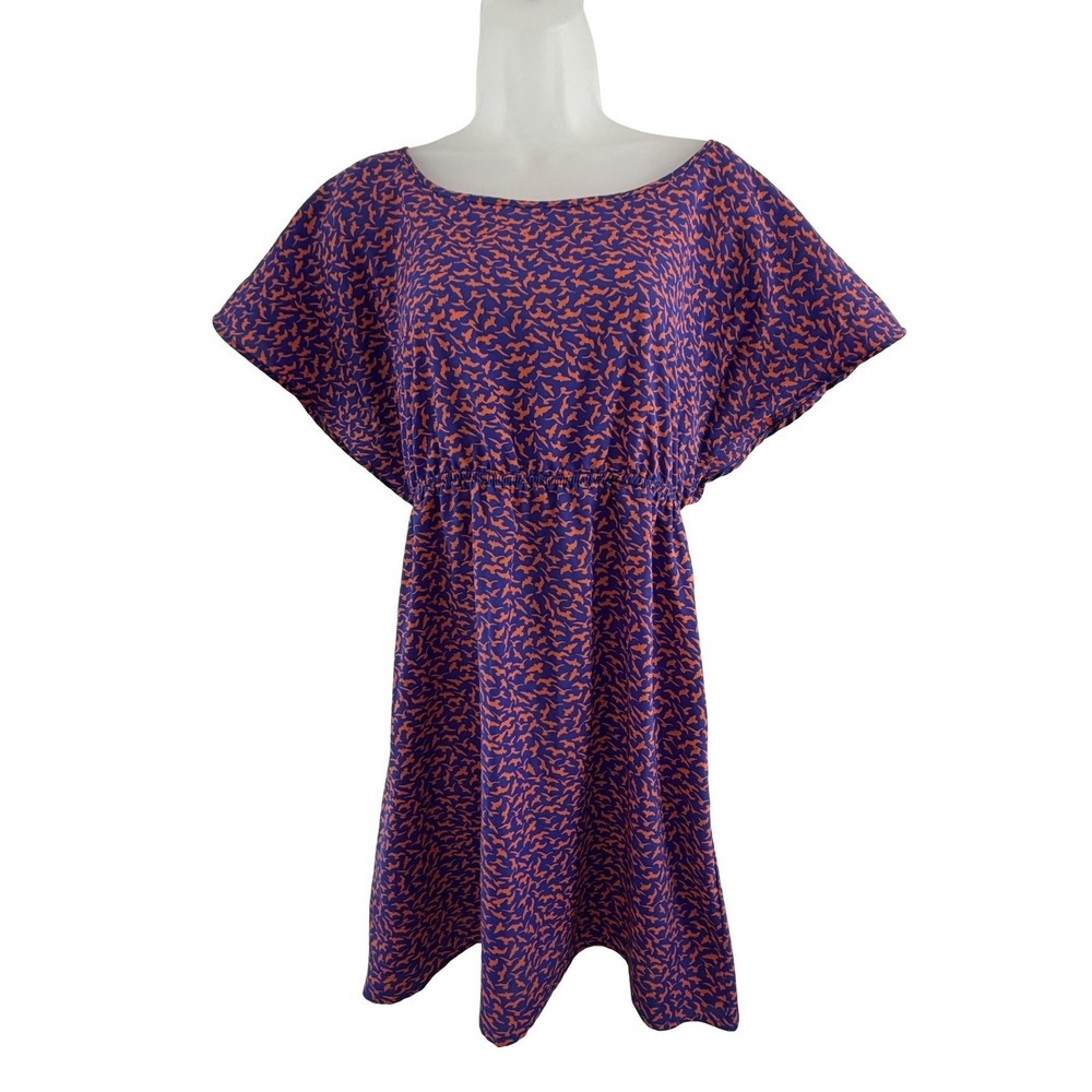 Y2K‎ Cobalt Blue Orange Abstract Mini Dress Cutout Tie Back Boho Flowy M Dolman